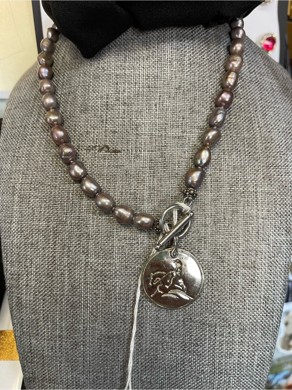Freshwater Pearl Toggle Necklace with Silver Coin Reining Horse Pendant - Gray